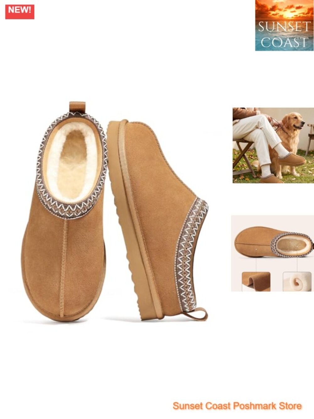 Genuine Suede Fuzzy Lined Women Slippers Warm House Shoes Non-Slip